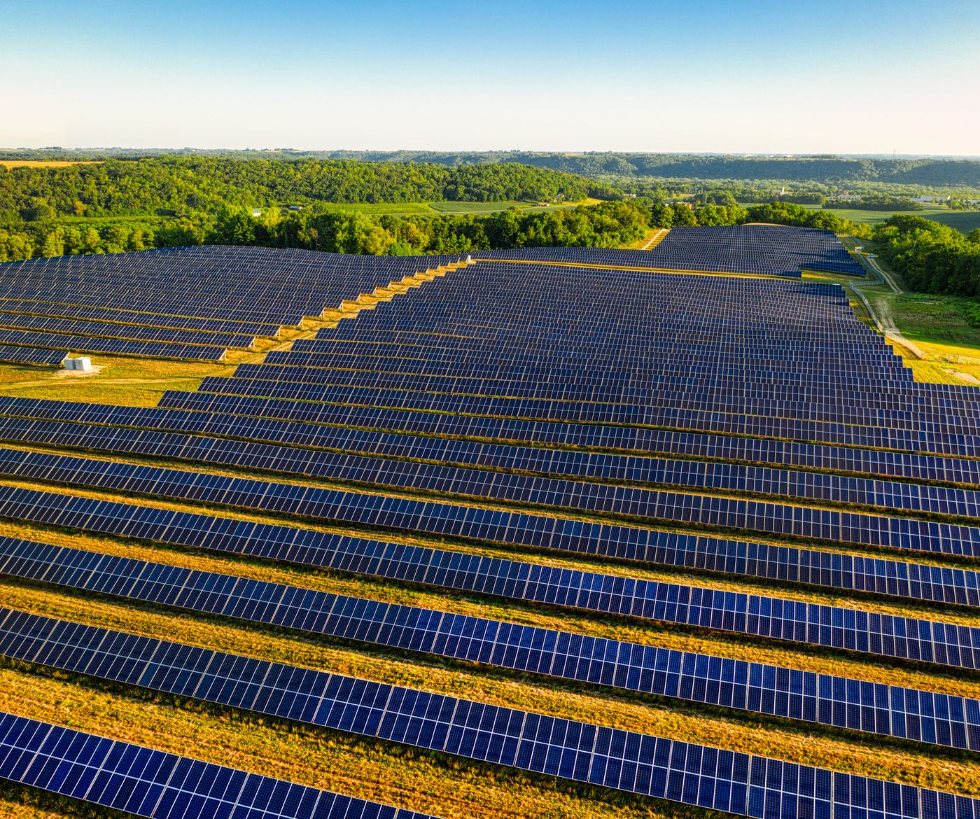 Aerial view of a solar panel array