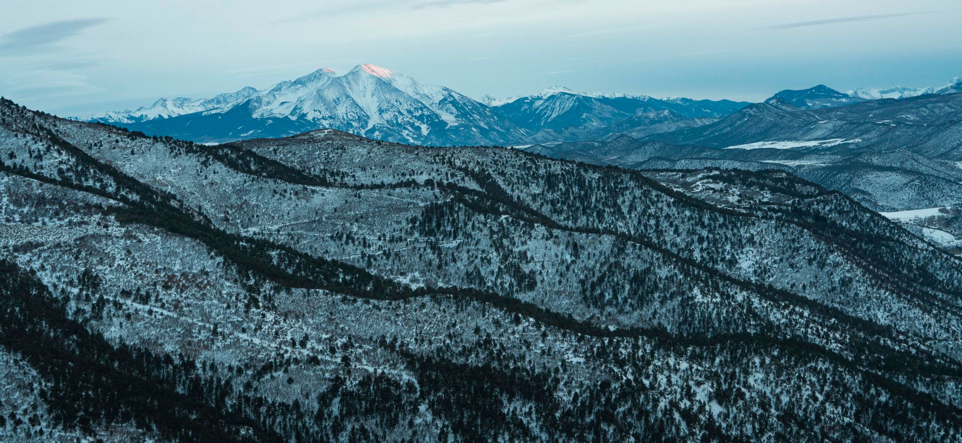 Aerial view of the Colorado Rocky Mountains at dawn