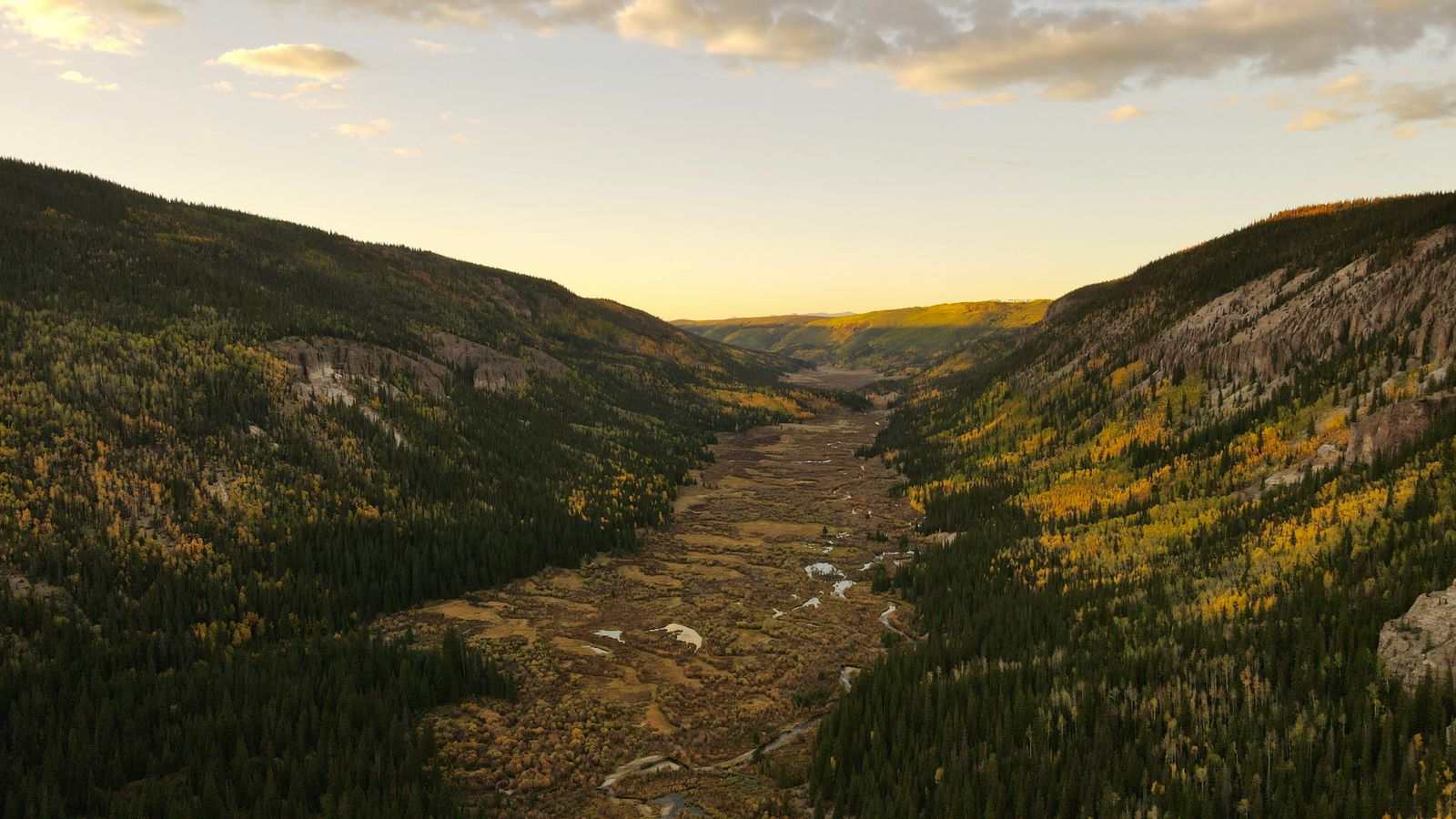 Aerial view of a Colorado valley in autumn